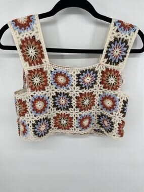 Crochet Granny Square Crop Top One Size Sleeveless Boho Hippie Colorful Festival